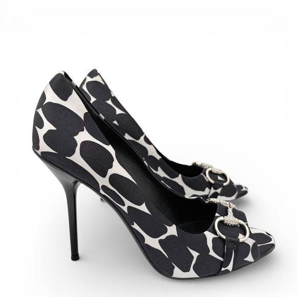 GUCCI Satin Crystal Horsebit Peep Toe Heels Sz 9 Black White LIKE NEW COA EU‎ 39 - Picture 4 of 11